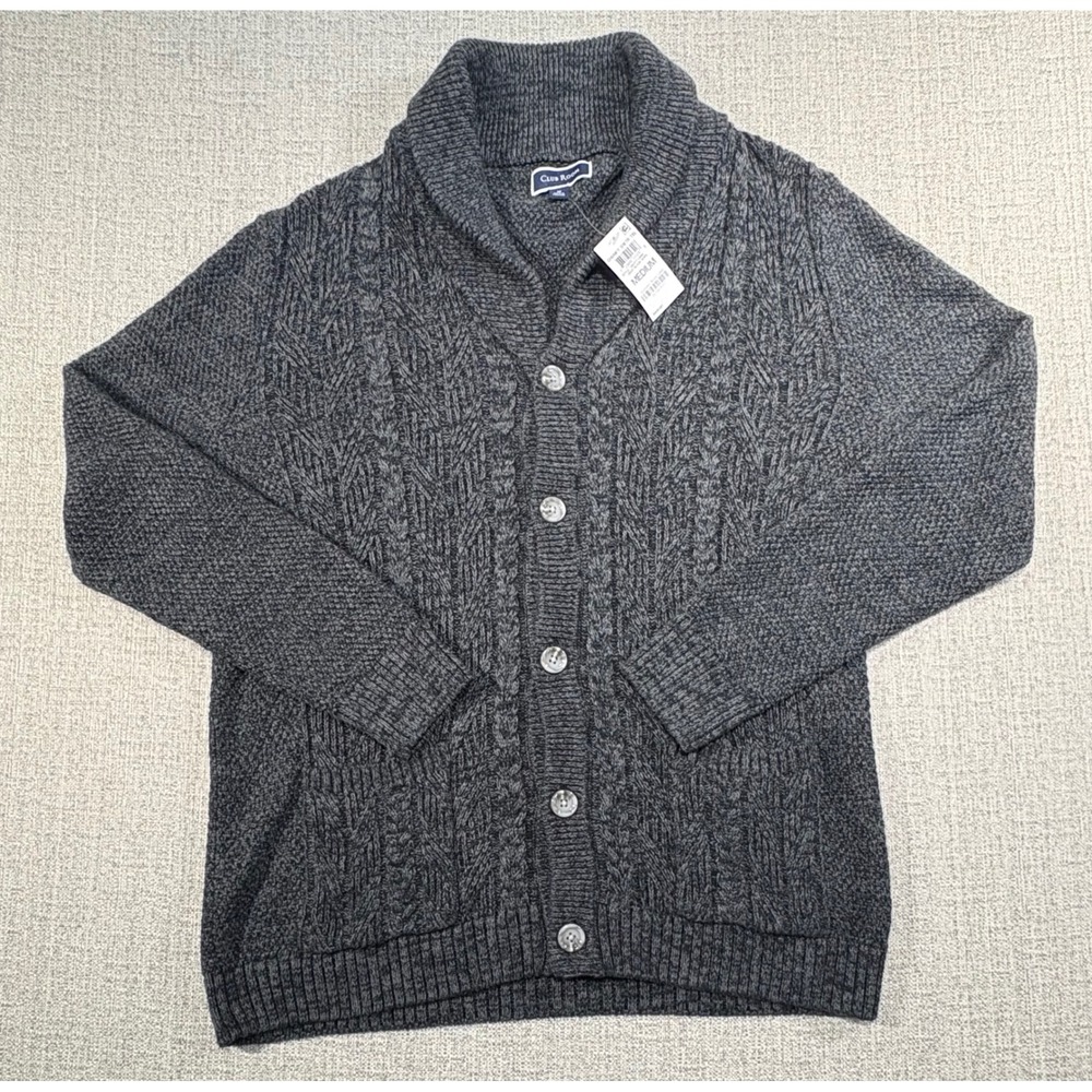 Club Room Mens Medium Cardigan Sweater Shawl Collar Cable Knit Black Marl Cotton